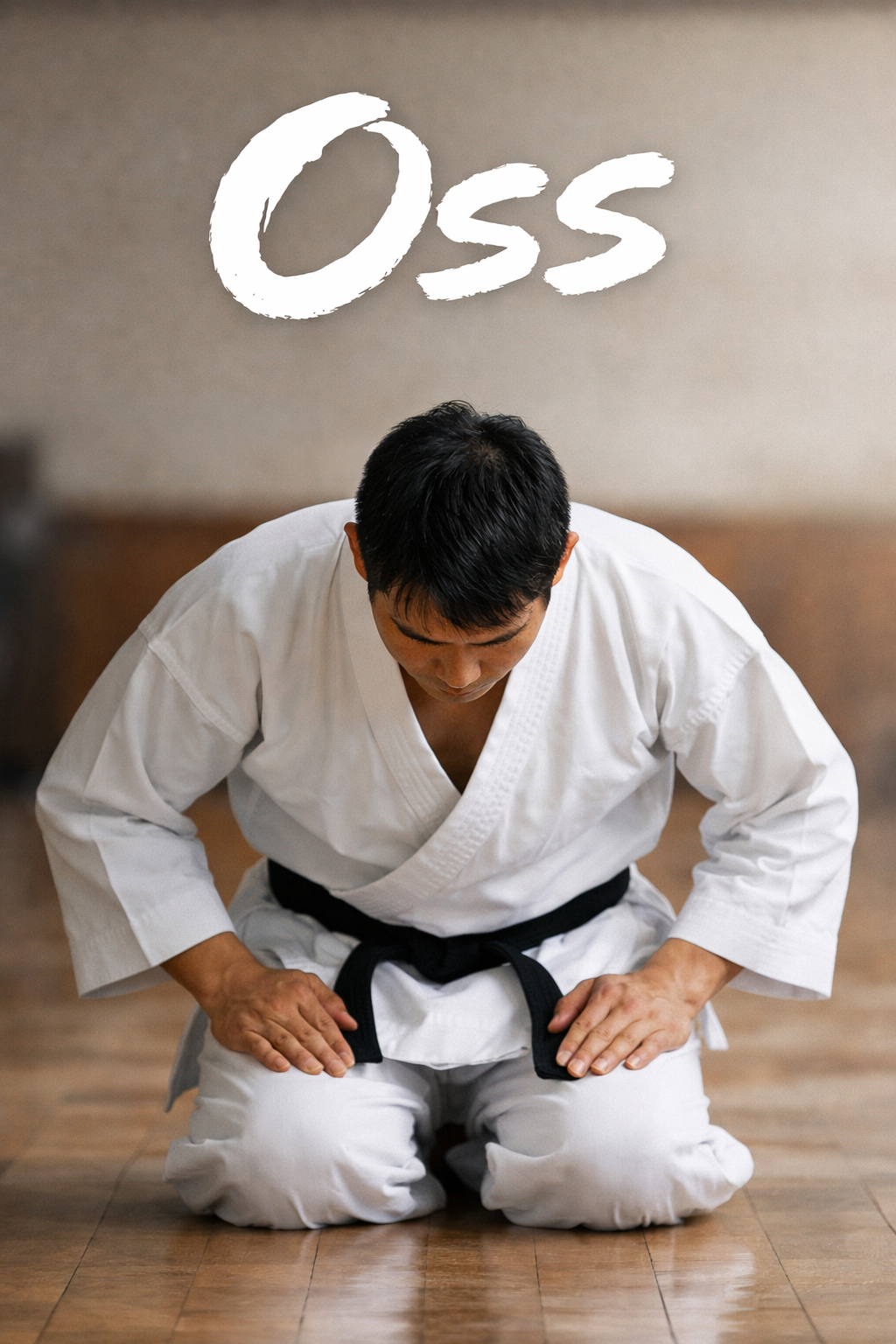 Karate student bowing in dojo with Oss text